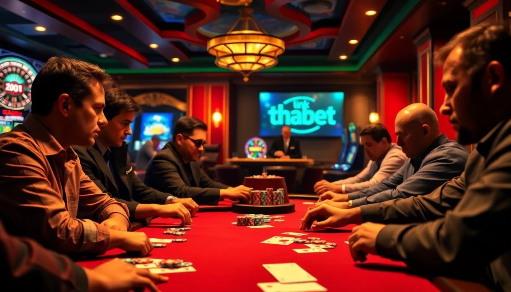 Players engage in a thrilling poker match at a vibrant casino, showcasing link thabet competitive strategy and colorful chips.