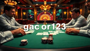 Experience gacor123 at its finest with a thrilling poker game, showcasing vibrant chips and cards.